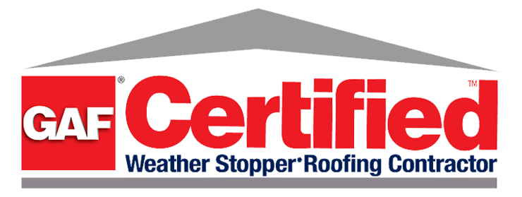 Logo with "GAF Certified" in red and "Contractor" in blue underneath. The background features a gray roof shape symbolizing a house.