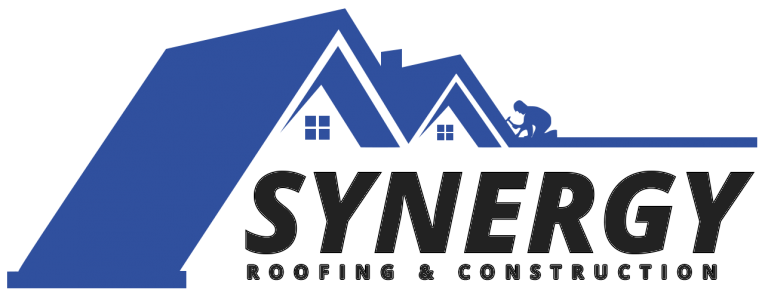 Logo featuring a blue roof outline with a small house and a worker figure. Below, the text reads "SYNERGY" in bold black letters, with "ROOFING & CONSTRUCTION" in smaller text.