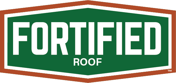 A green hexagonal logo with a brown border and the words "FORTIFIED ROOF" in bold white letters in the center.